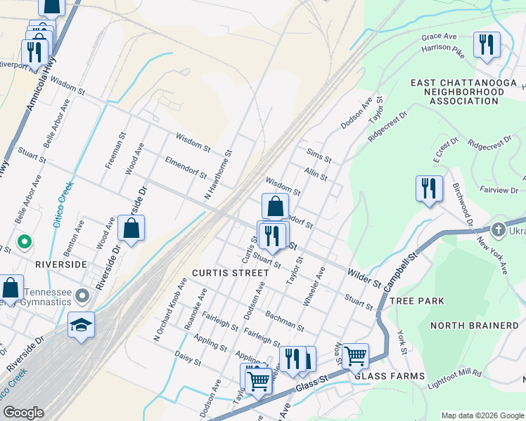 map of restaurants, bars, coffee shops, grocery stores, and more near 3113 Curtis Street in Chattanooga