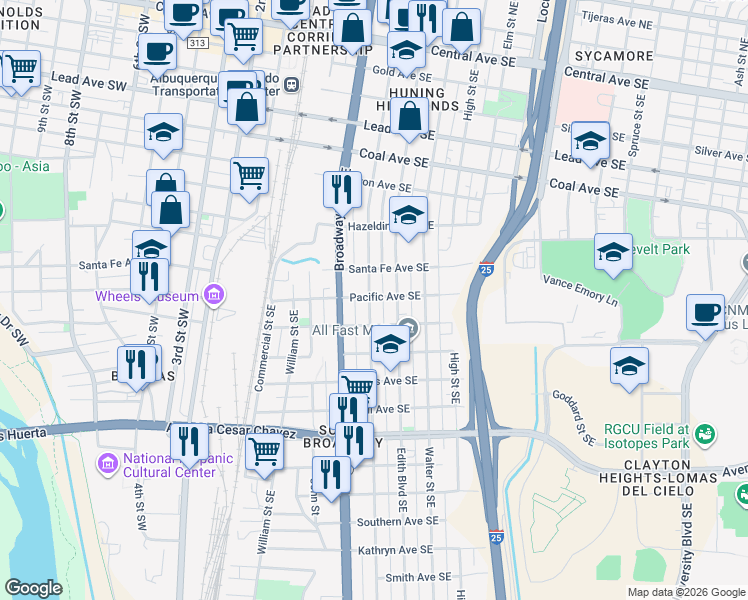 map of restaurants, bars, coffee shops, grocery stores, and more near 422 Pacific Avenue Southeast in Albuquerque