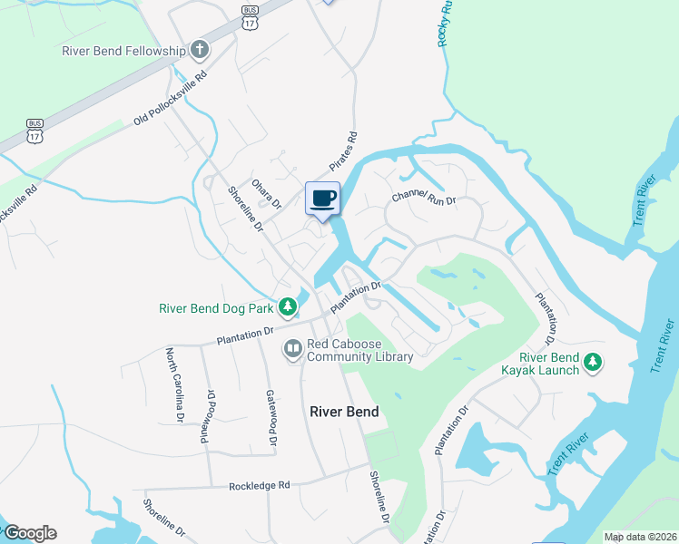 map of restaurants, bars, coffee shops, grocery stores, and more near 11 Harbour Walk Townhouses in New Bern