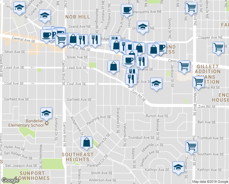 map of restaurants, bars, coffee shops, grocery stores, and more near 433 Graceland Drive Southeast in Albuquerque