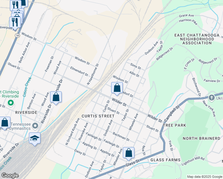 map of restaurants, bars, coffee shops, grocery stores, and more near 3113 Curtis Street in Chattanooga