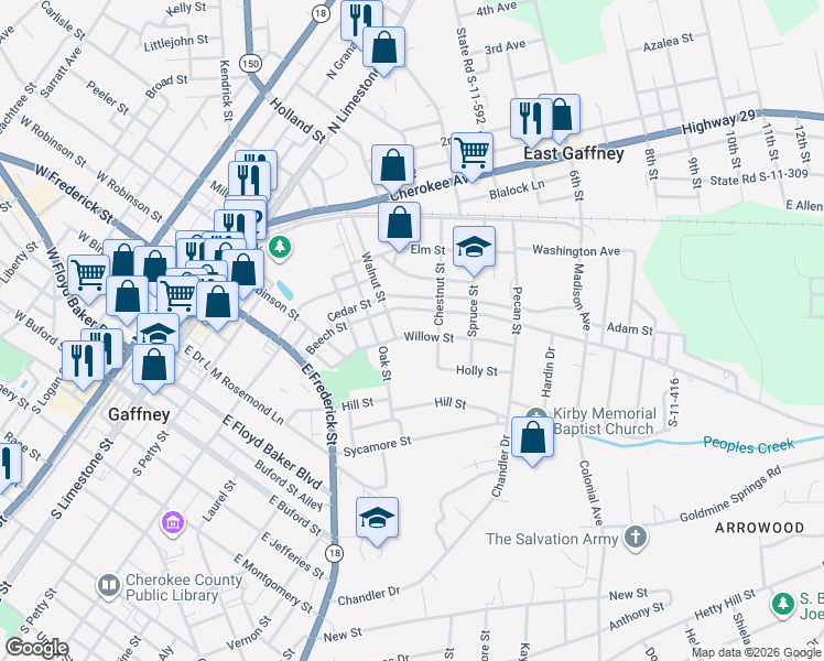 map of restaurants, bars, coffee shops, grocery stores, and more near 407 Willow Street in Gaffney