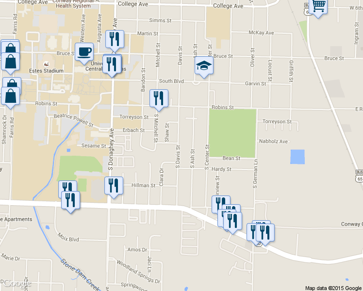 map of restaurants, bars, coffee shops, grocery stores, and more near 400 South Davis Street in Conway