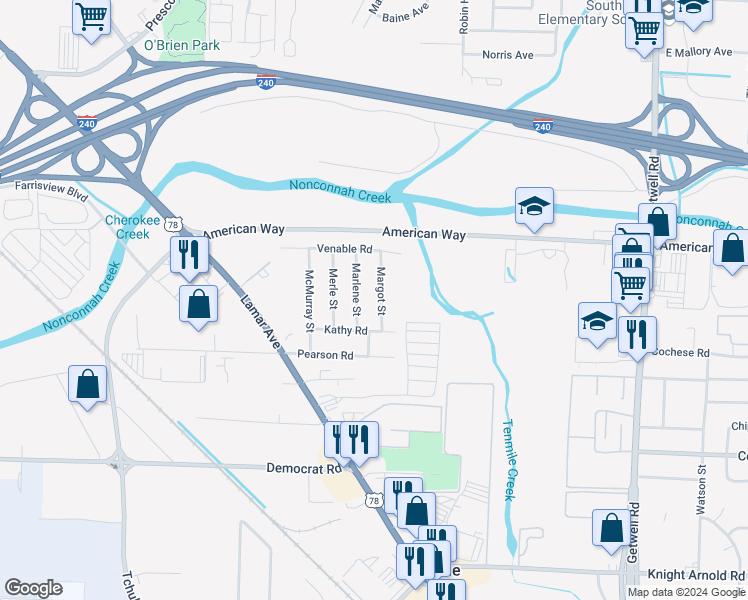 map of restaurants, bars, coffee shops, grocery stores, and more near 2723 Margot Street in Memphis