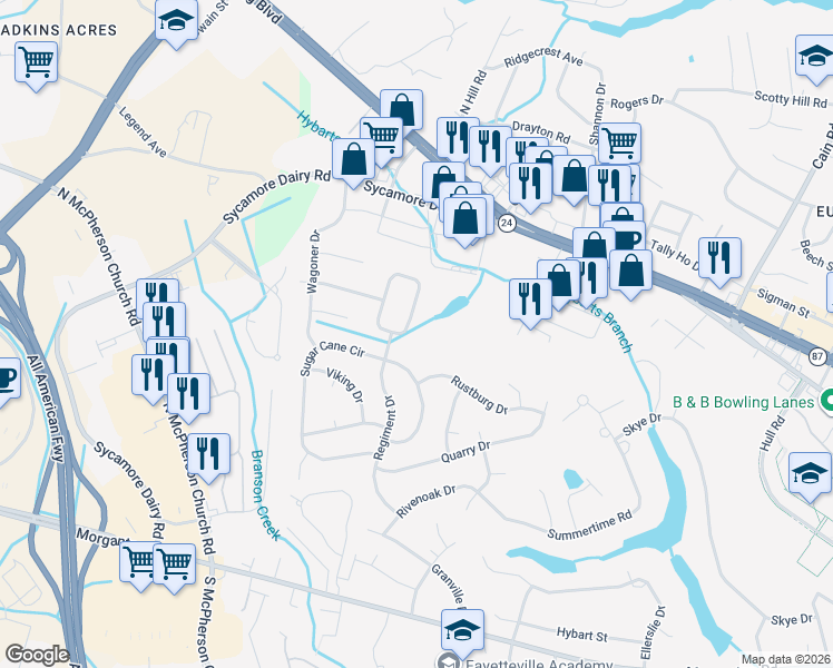 map of restaurants, bars, coffee shops, grocery stores, and more near 3573 Turnberry Cir in Fayetteville