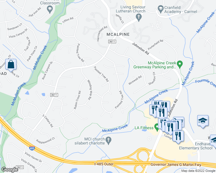 map of restaurants, bars, coffee shops, grocery stores, and more near 12011 Painted Tree Road in Charlotte