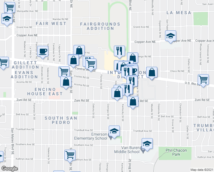 map of restaurants, bars, coffee shops, grocery stores, and more near 6725 Acoma Road Southeast in Albuquerque