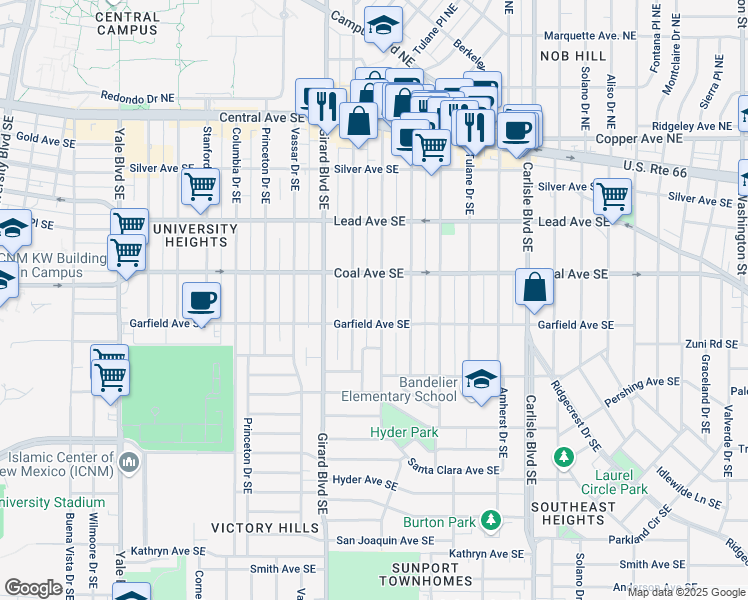 map of restaurants, bars, coffee shops, grocery stores, and more near 413 Richmond Drive Southeast in Albuquerque