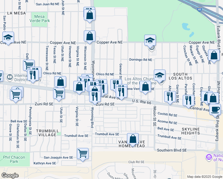 map of restaurants, bars, coffee shops, grocery stores, and more near 109 General Arnold Street Northeast in Albuquerque
