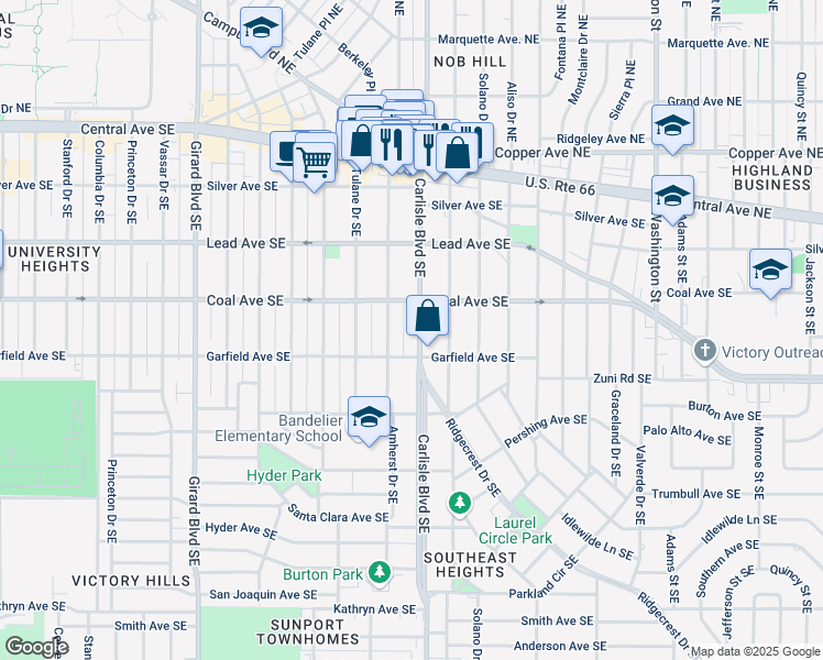 map of restaurants, bars, coffee shops, grocery stores, and more near 413 Carlisle Boulevard Southeast in Albuquerque