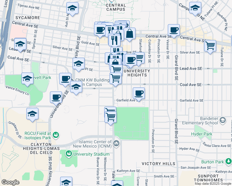 map of restaurants, bars, coffee shops, grocery stores, and more near 411 Harvard Drive Southeast in Albuquerque