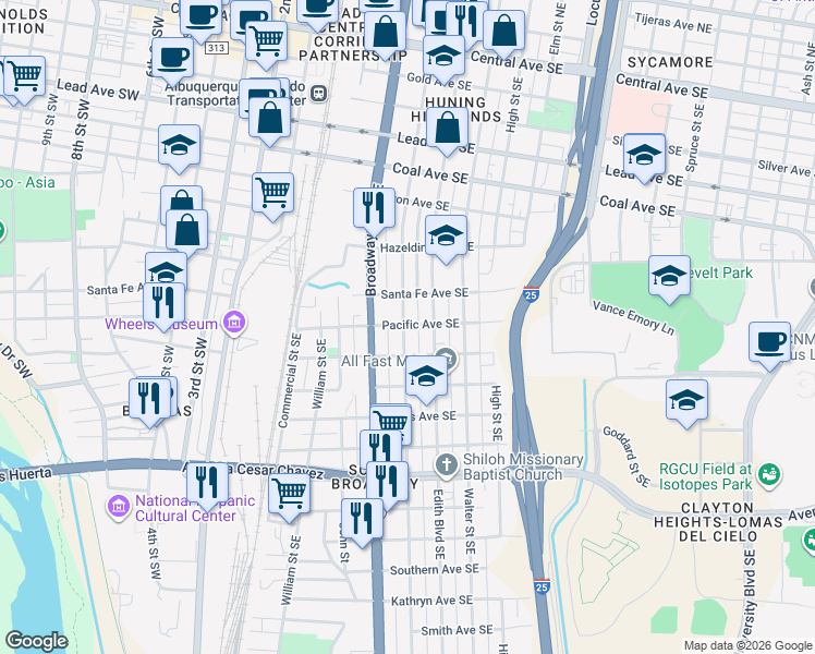 map of restaurants, bars, coffee shops, grocery stores, and more near 422 Pacific Avenue Southeast in Albuquerque