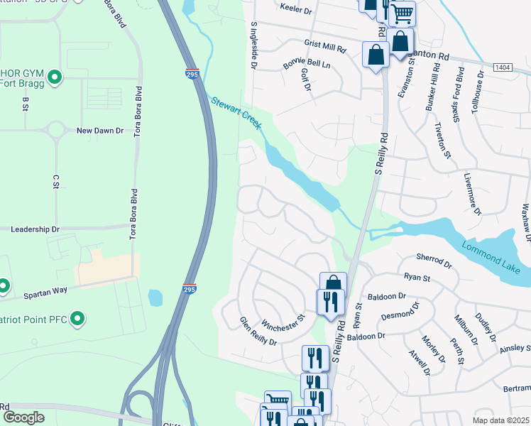 map of restaurants, bars, coffee shops, grocery stores, and more near 1010 Wood Creek Drive in Fayetteville