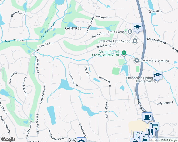 map of restaurants, bars, coffee shops, grocery stores, and more near 6008 Alexa Road in Charlotte