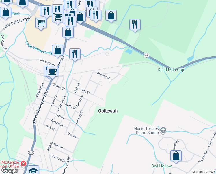 map of restaurants, bars, coffee shops, grocery stores, and more near 5804 Louise Lane in Ooltewah