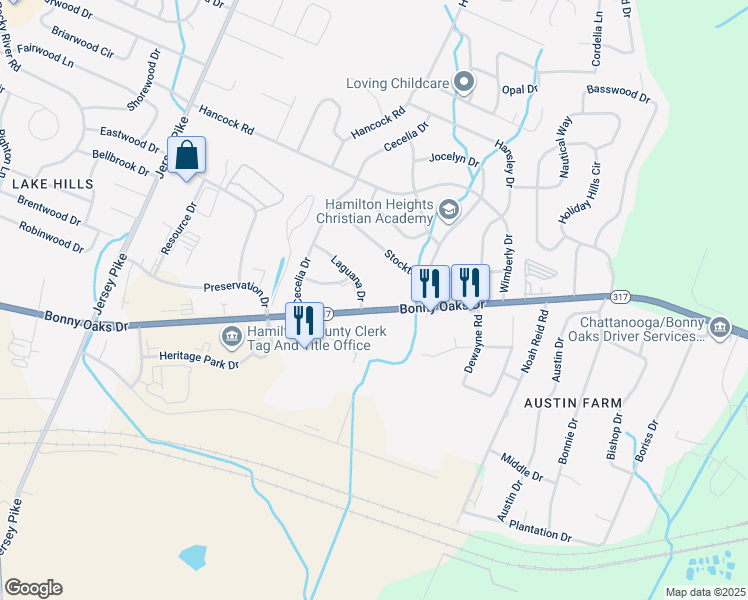 map of restaurants, bars, coffee shops, grocery stores, and more near 6227 Bonny Oaks Drive in Chattanooga