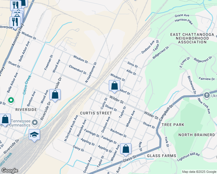 map of restaurants, bars, coffee shops, grocery stores, and more near 3113 Curtis Street in Chattanooga