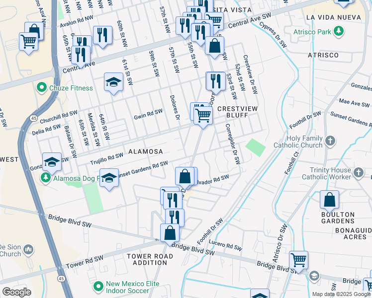 map of restaurants, bars, coffee shops, grocery stores, and more near 663 Dolores Drive Southwest in Albuquerque