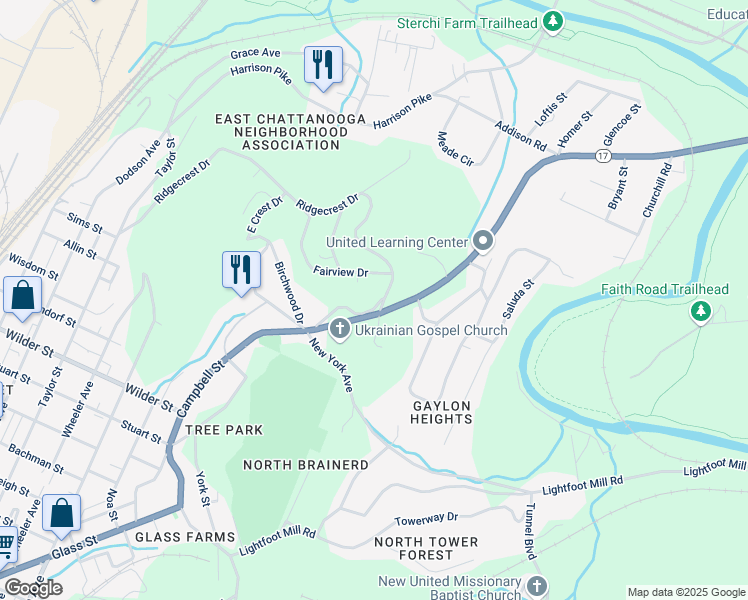 map of restaurants, bars, coffee shops, grocery stores, and more near 4007 Countryside Drive in Chattanooga