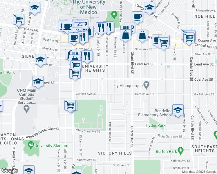 map of restaurants, bars, coffee shops, grocery stores, and more near 414 Columbia Drive Southeast in Albuquerque