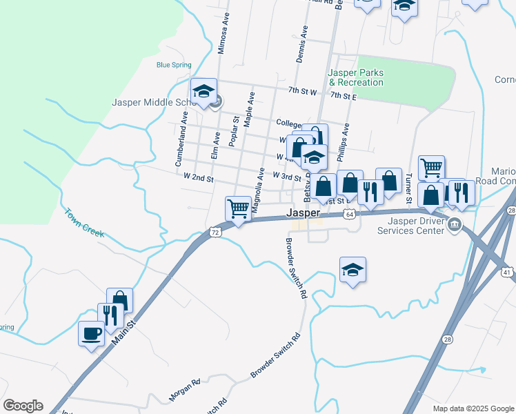 map of restaurants, bars, coffee shops, grocery stores, and more near 115 1st Street West in Jasper