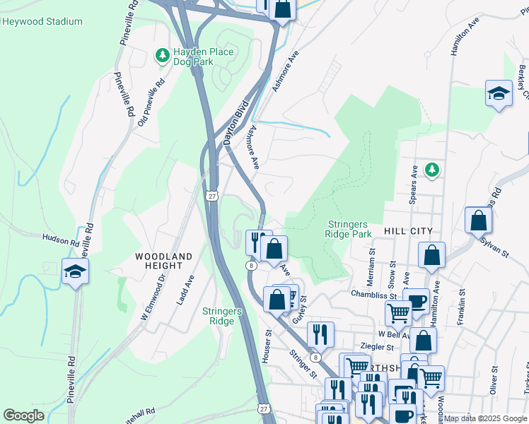 map of restaurants, bars, coffee shops, grocery stores, and more near Dayton Blvd & Stringers Ridge Tunnel in Chattanooga