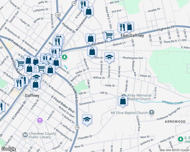 map of restaurants, bars, coffee shops, grocery stores, and more near 407 Willow Street in Gaffney