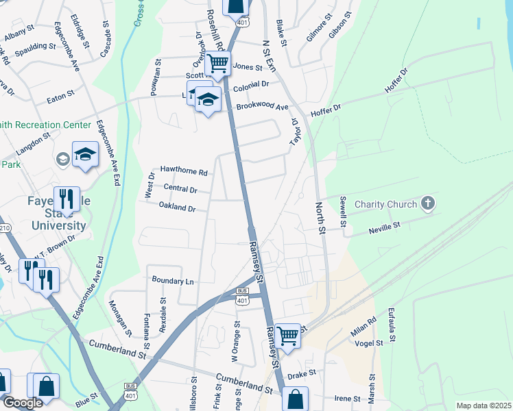 map of restaurants, bars, coffee shops, grocery stores, and more near 1234 Ramsey Street in Fayetteville