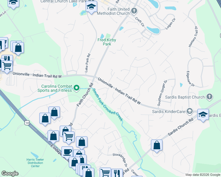 map of restaurants, bars, coffee shops, grocery stores, and more near 3202 Parkland Drive in Indian Trail
