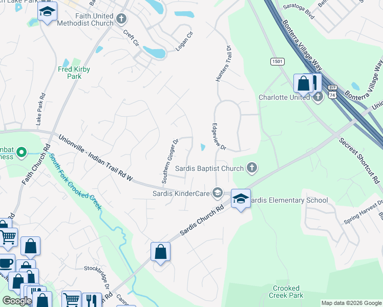 map of restaurants, bars, coffee shops, grocery stores, and more near 3418 Braefield Drive in Indian Trail