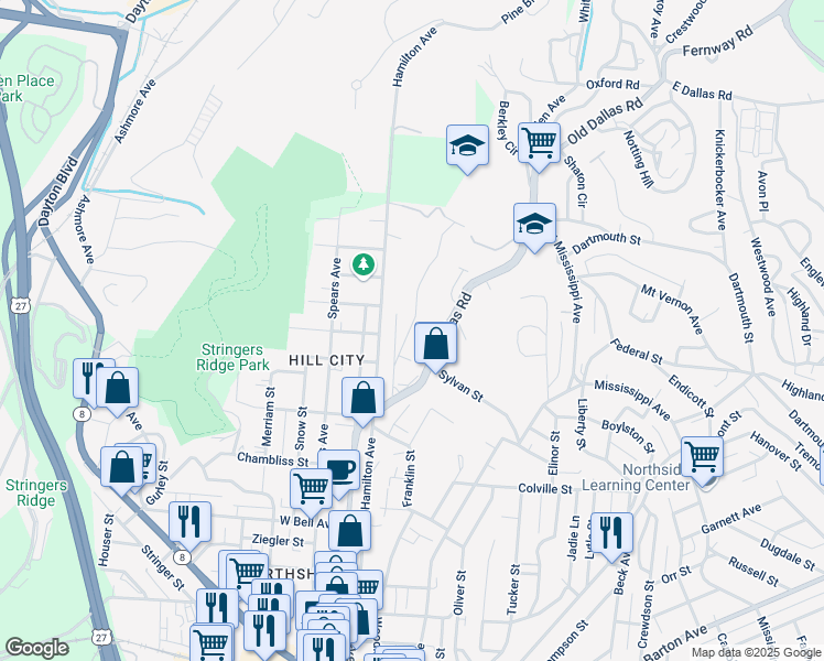 map of restaurants, bars, coffee shops, grocery stores, and more near 1004 Meroney Street in Chattanooga