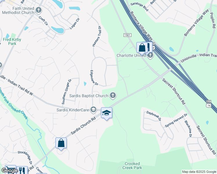 map of restaurants, bars, coffee shops, grocery stores, and more near 4102 Edgeview Drive in Indian Trail