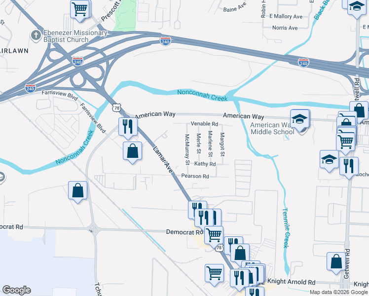 map of restaurants, bars, coffee shops, grocery stores, and more near 2721 McMurray Street in Memphis