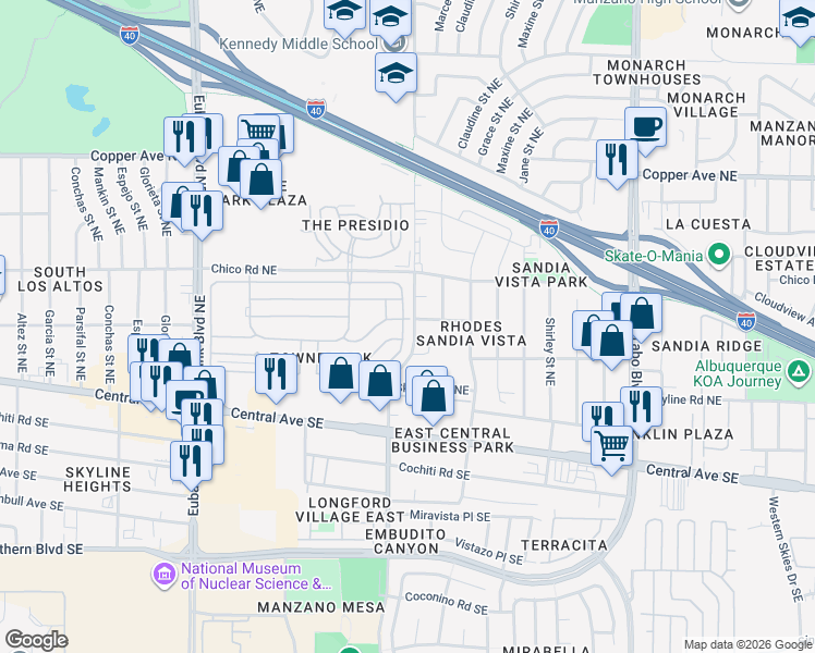 map of restaurants, bars, coffee shops, grocery stores, and more near 412 Seward Park Avenue Northeast in Albuquerque