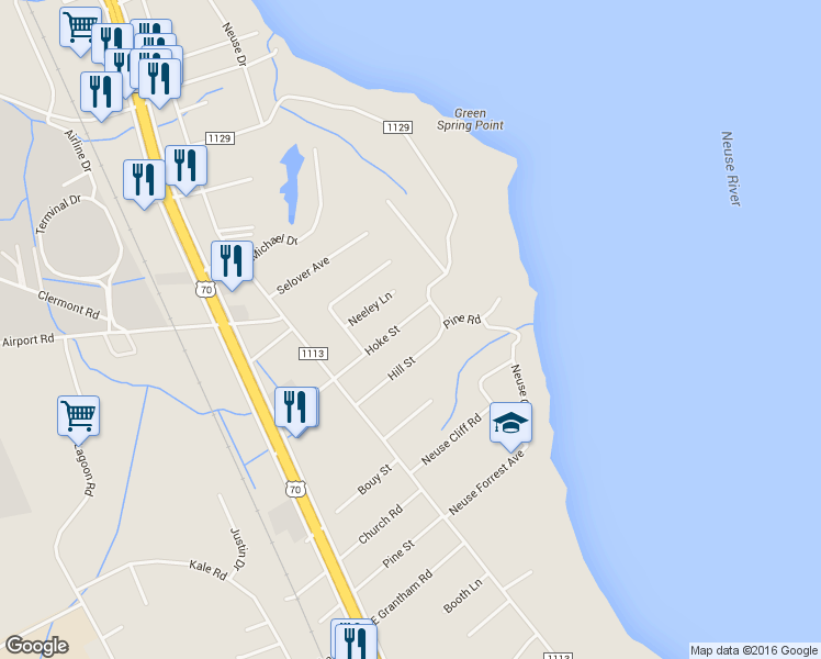 map of restaurants, bars, coffee shops, grocery stores, and more near 307 Hoke Street in New Bern