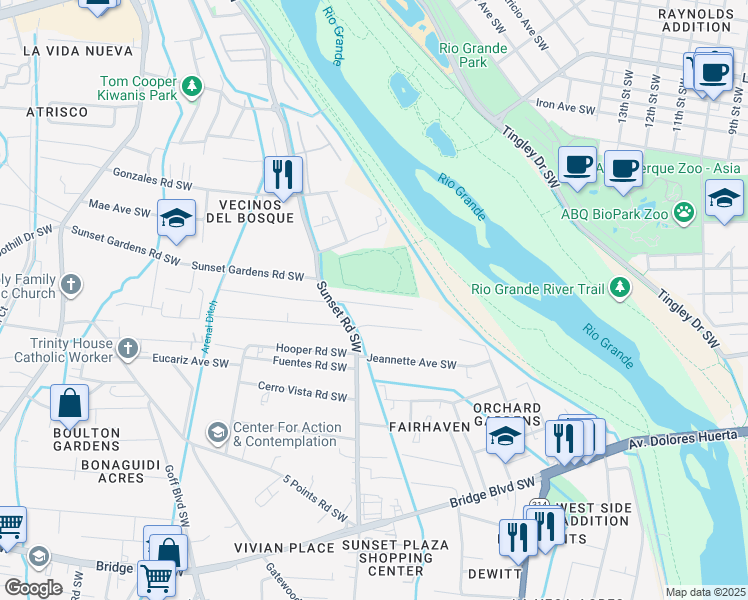 map of restaurants, bars, coffee shops, grocery stores, and more near 1321 Trujillo Road Southwest in Albuquerque