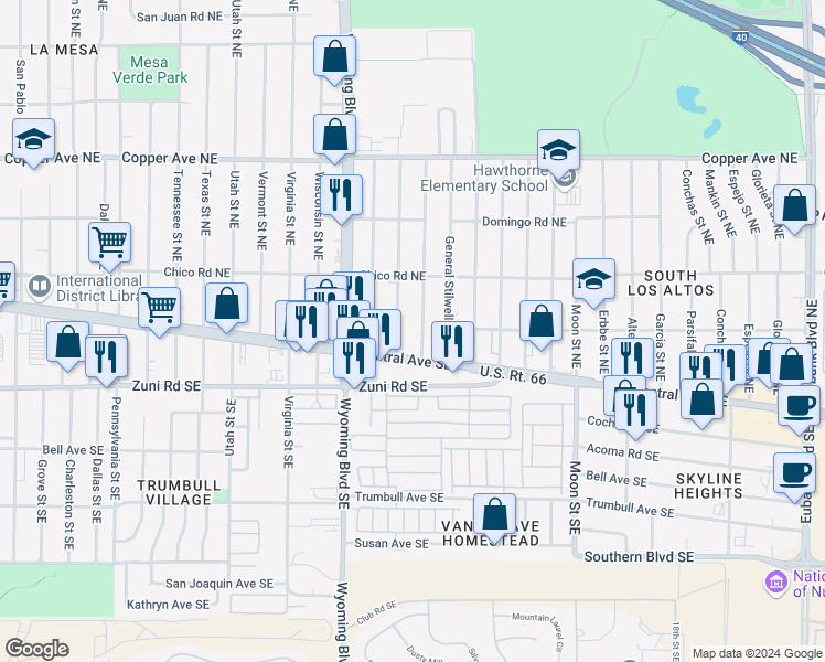 map of restaurants, bars, coffee shops, grocery stores, and more near 113 General Arnold Street Northeast in Albuquerque