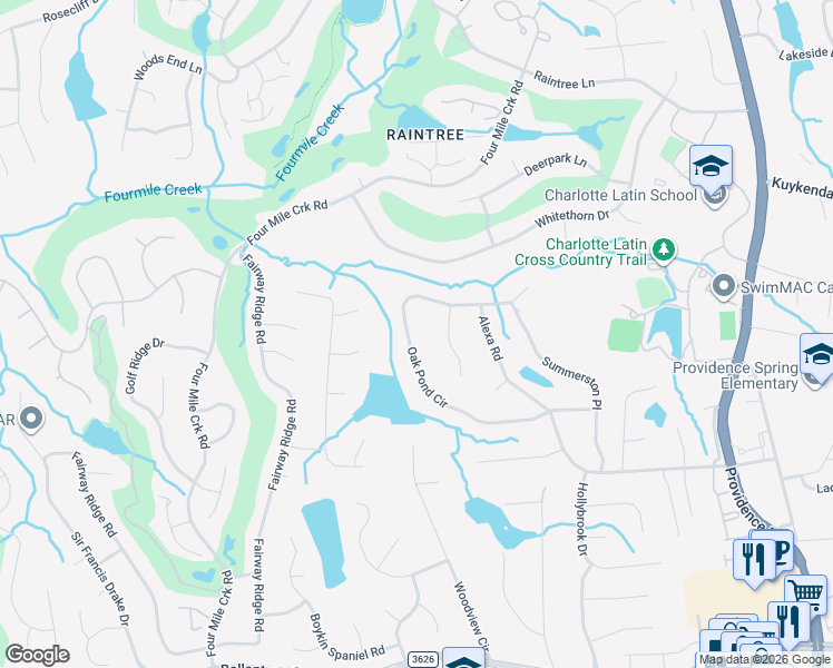 map of restaurants, bars, coffee shops, grocery stores, and more near 10620 Oak Pond Circle in Charlotte