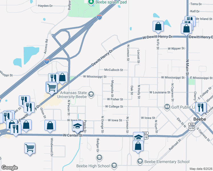map of restaurants, bars, coffee shops, grocery stores, and more near 708 North Orange Street in Beebe