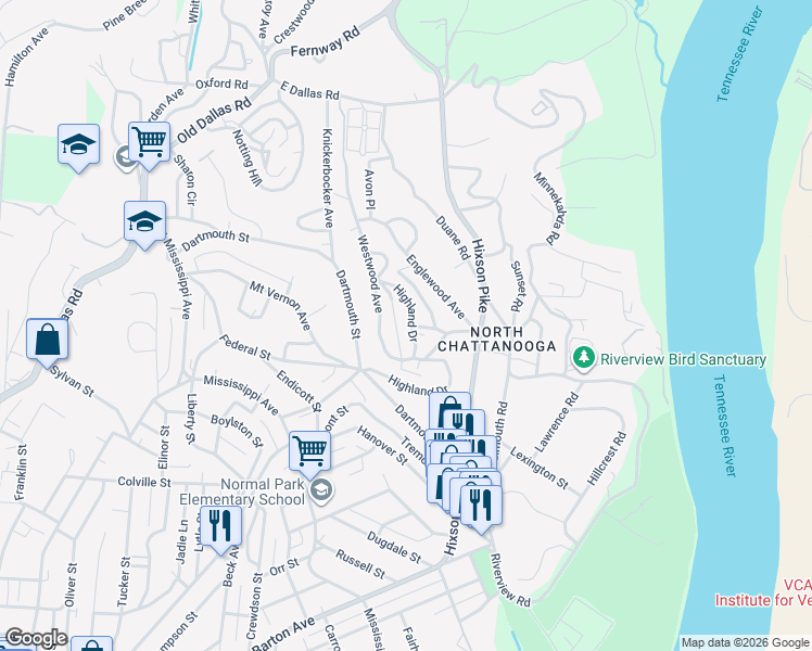 map of restaurants, bars, coffee shops, grocery stores, and more near 1217 Highland Drive in Chattanooga