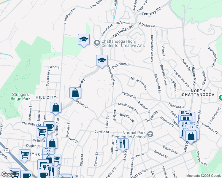 map of restaurants, bars, coffee shops, grocery stores, and more near 1121 West Mississippi Avenue in Chattanooga
