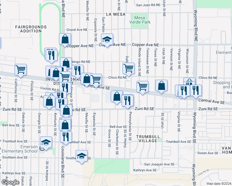 map of restaurants, bars, coffee shops, grocery stores, and more near 122 Charleston Street Northeast in Albuquerque