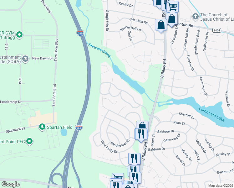 map of restaurants, bars, coffee shops, grocery stores, and more near 1010 Wood Creek Drive in Fayetteville