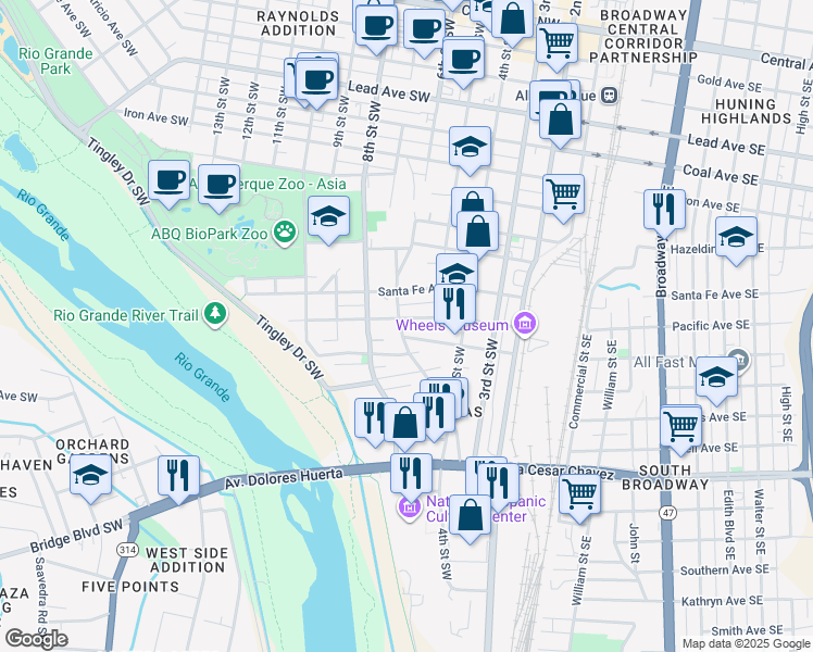 map of restaurants, bars, coffee shops, grocery stores, and more near 1102 Barelas Road Southwest in Albuquerque