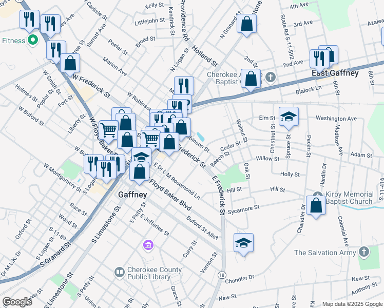 map of restaurants, bars, coffee shops, grocery stores, and more near 217 East Frederick Street in Gaffney