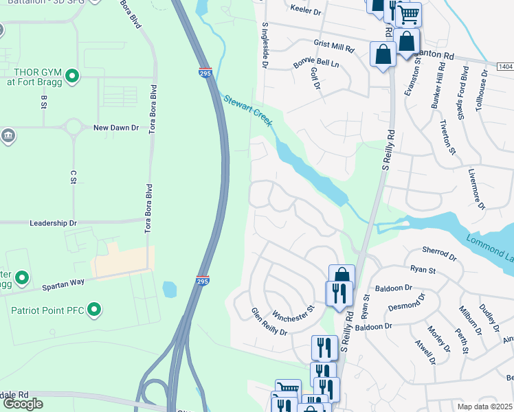 map of restaurants, bars, coffee shops, grocery stores, and more near 6821 Willowbrook Drive in Fayetteville