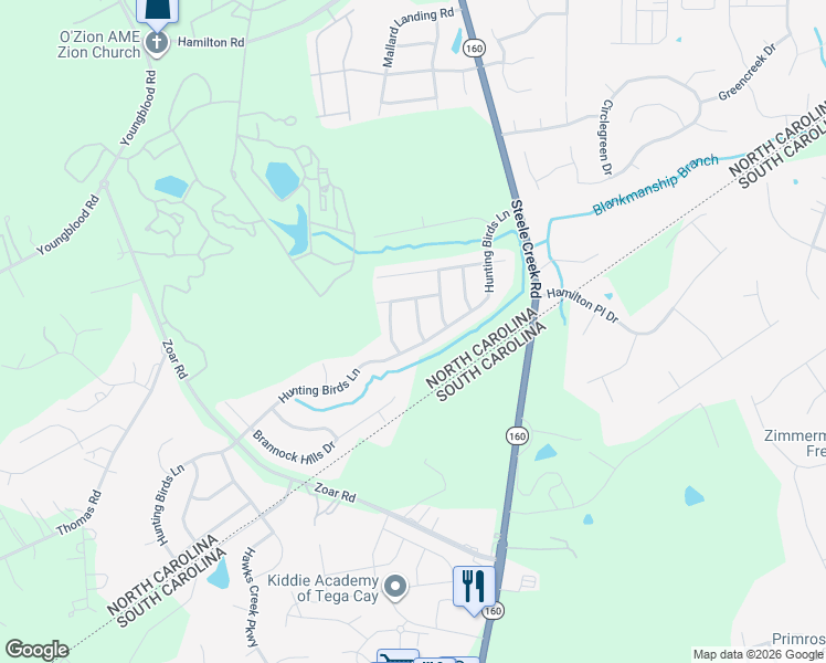 map of restaurants, bars, coffee shops, grocery stores, and more near 16628 Broadwing Place in Charlotte