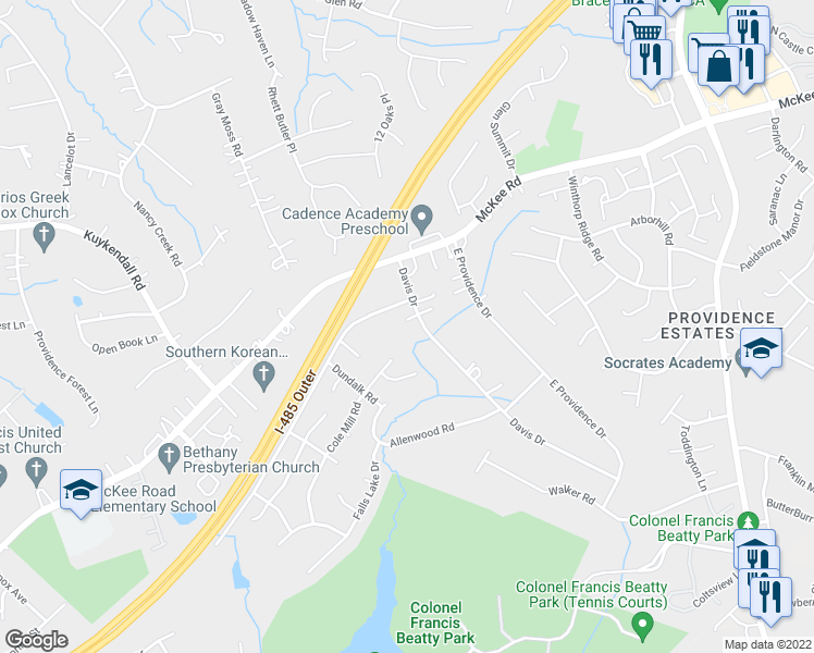 map of restaurants, bars, coffee shops, grocery stores, and more near 3712 Davis Drive in Charlotte