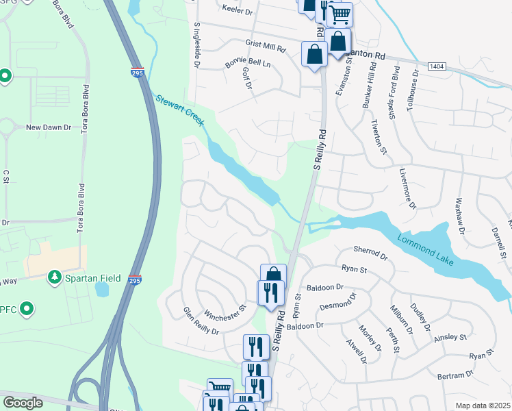 map of restaurants, bars, coffee shops, grocery stores, and more near 6736 Willowbrook Drive in Fayetteville