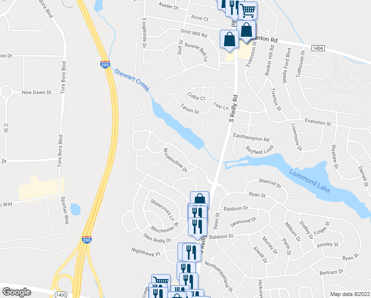 map of restaurants, bars, coffee shops, grocery stores, and more near 6740 Willowbrook Drive in Fayetteville